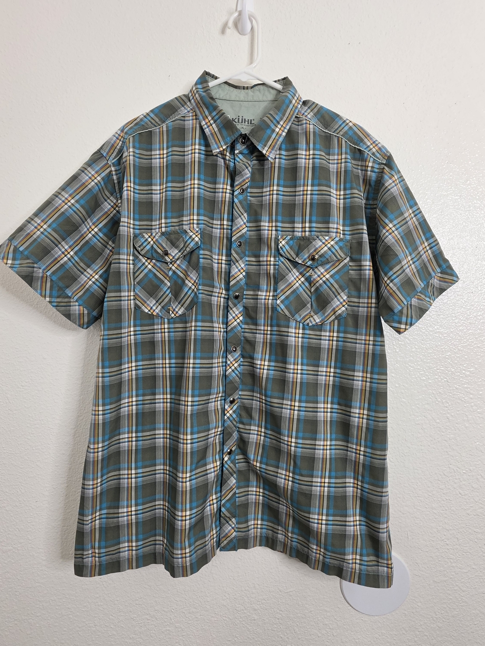 ​KUHL Mens XL Eluxur Plaid Short Sleeve Snap Button Up Hiking Shirt Olive Blue